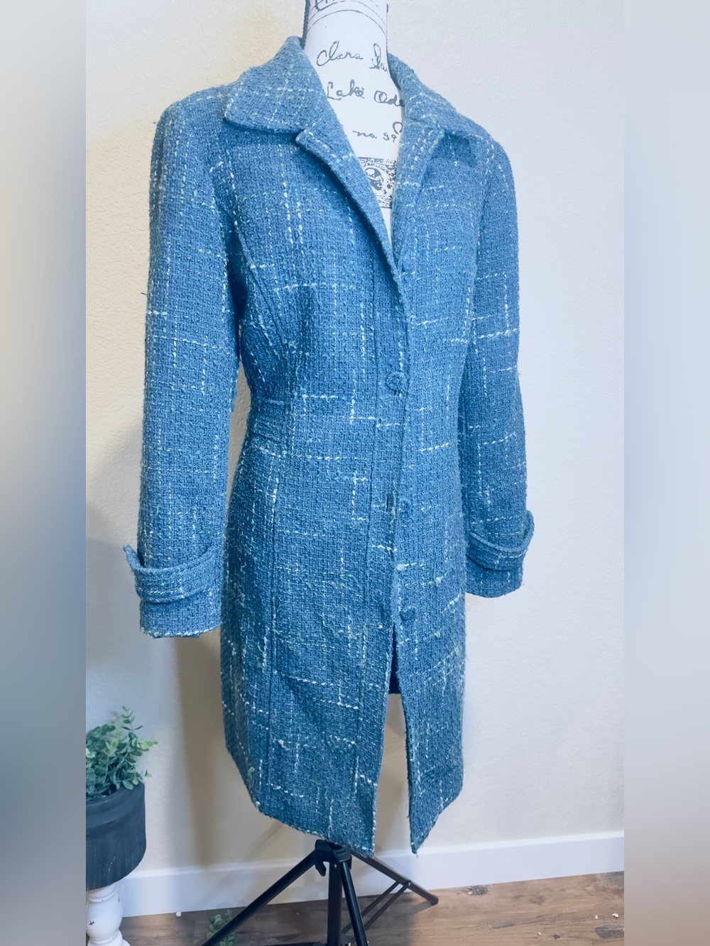 Vintage Hillard & Hanson Blue Tweed Mid-Length Dress Coat Size 14